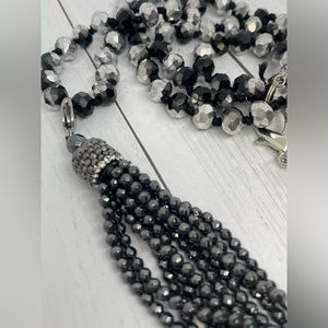 Hematite removable tassel with rhinestones on black Crystal Pearl 32” long…